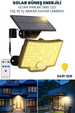 Technosmart Güneş Enerjili Bahçe Aydınlatması – 106 LED, Sarı Işık, Kumandalı IP65 Solar Duvar Lamba