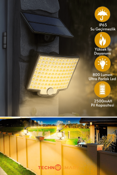 Technosmart Güneş Enerjili Bahçe Aydınlatması – 106 LED, Sarı Işık, Kumandalı IP65 Solar Duvar Lamba