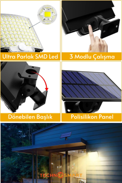 Technosmart Güneş Enerjili Bahçe Aydınlatması – 106 LED, Sarı Işık, Kumandalı IP65 Solar Duvar Lamba