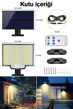 Technosmart Güneş Enerjili Bahçe Aydınlatması – 106 LED, Sarı Işık, Kumandalı IP65 Solar Duvar Lamba