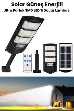 Technosmart Solar 144 LED Kumandalı Duvar Lambası – Güneş Enerjili, IP65, 3 Modlu Bahçe Aydınlatma