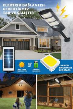 Technosmart Solar 144 LED Kumandalı Duvar Lambası – Güneş Enerjili, IP65, 3 Modlu Bahçe Aydınlatma