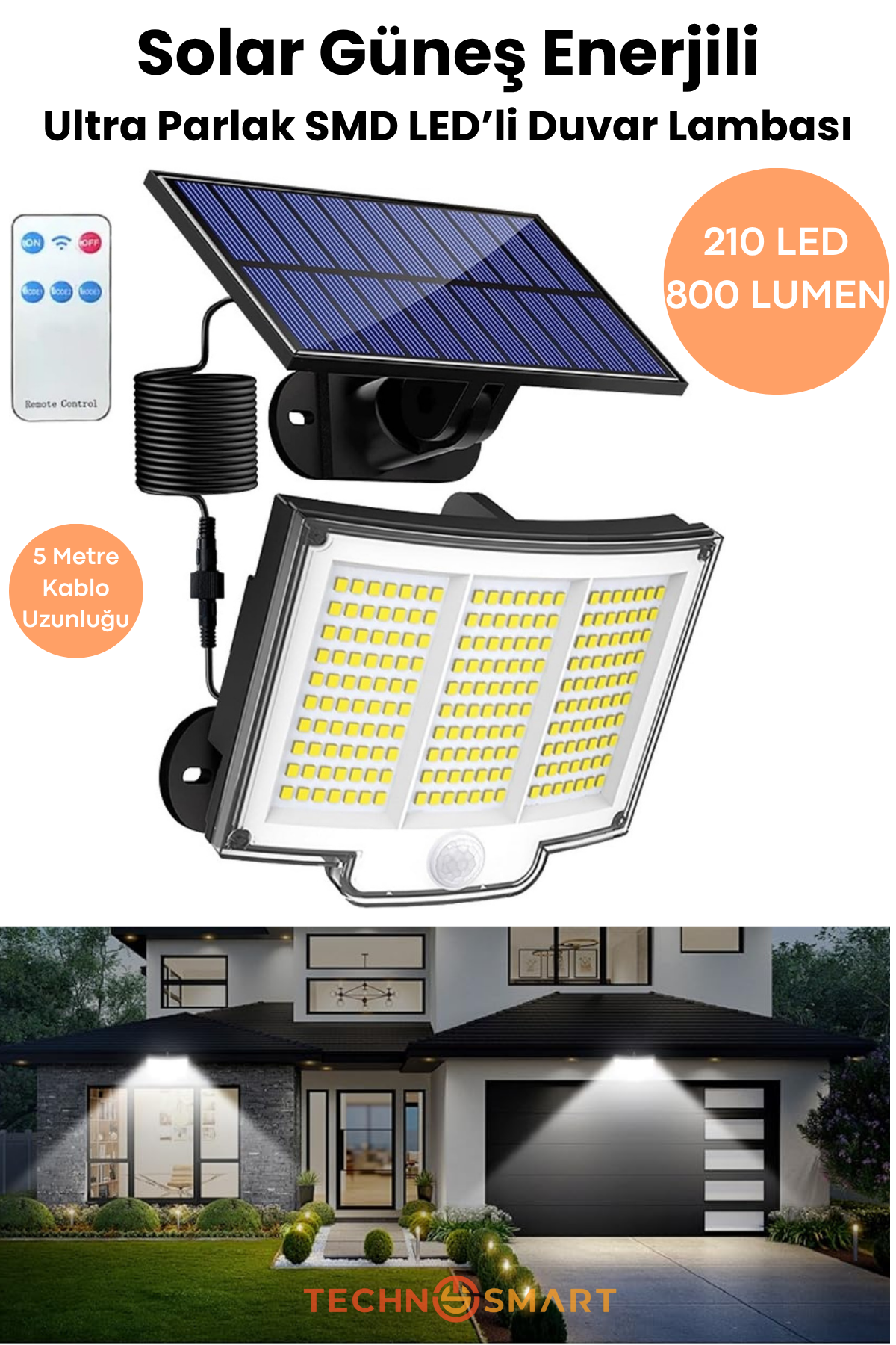 Technosmart Solar 220 LED – 5m Kablolu, IP65, Kumandalı, 3 Modlu, Güneş Enerjili Bahçe Aydınlatma