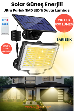 Technosmart Solar 220 LED – 5m Kablolu, IP65, Kumandalı, 3 Modlu, Güneş Enerjili Bahçe Aydınlatma Sarı