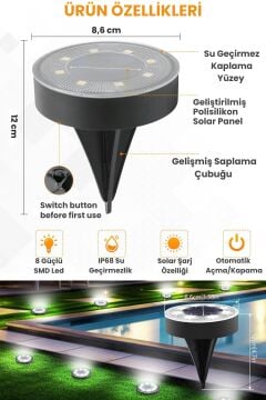 Technosmart Solar 8 LED Zemin Aydınlatma | 4 Adet | IP68 | Otomatik Gece Işığı | Bahçe Aydınlatma Beyaz