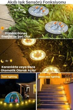 Technosmart Solar 8 LED Zemin Aydınlatma | 4 Adet | IP68 | Otomatik Gece Işığı | Bahçe Aydınlatma Sarı