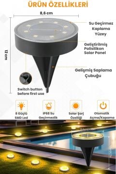 Technosmart Solar 8 LED Zemin Aydınlatma | 4 Adet | IP68 | Otomatik Gece Işığı | Bahçe Aydınlatma Sarı