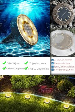 Technosmart Solar 8 LED Zemin Aydınlatma | 4 Adet | IP68 | Otomatik Gece Işığı | Bahçe Aydınlatma Sarı