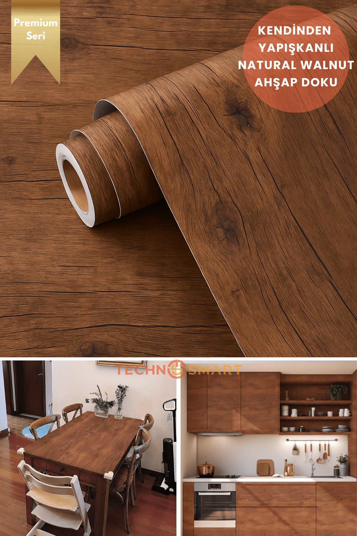 Technosmart 60cmx500cm Premium Kendinden Yapışkanlı Doğal Ahşap Görünümlü PVC Kaplama