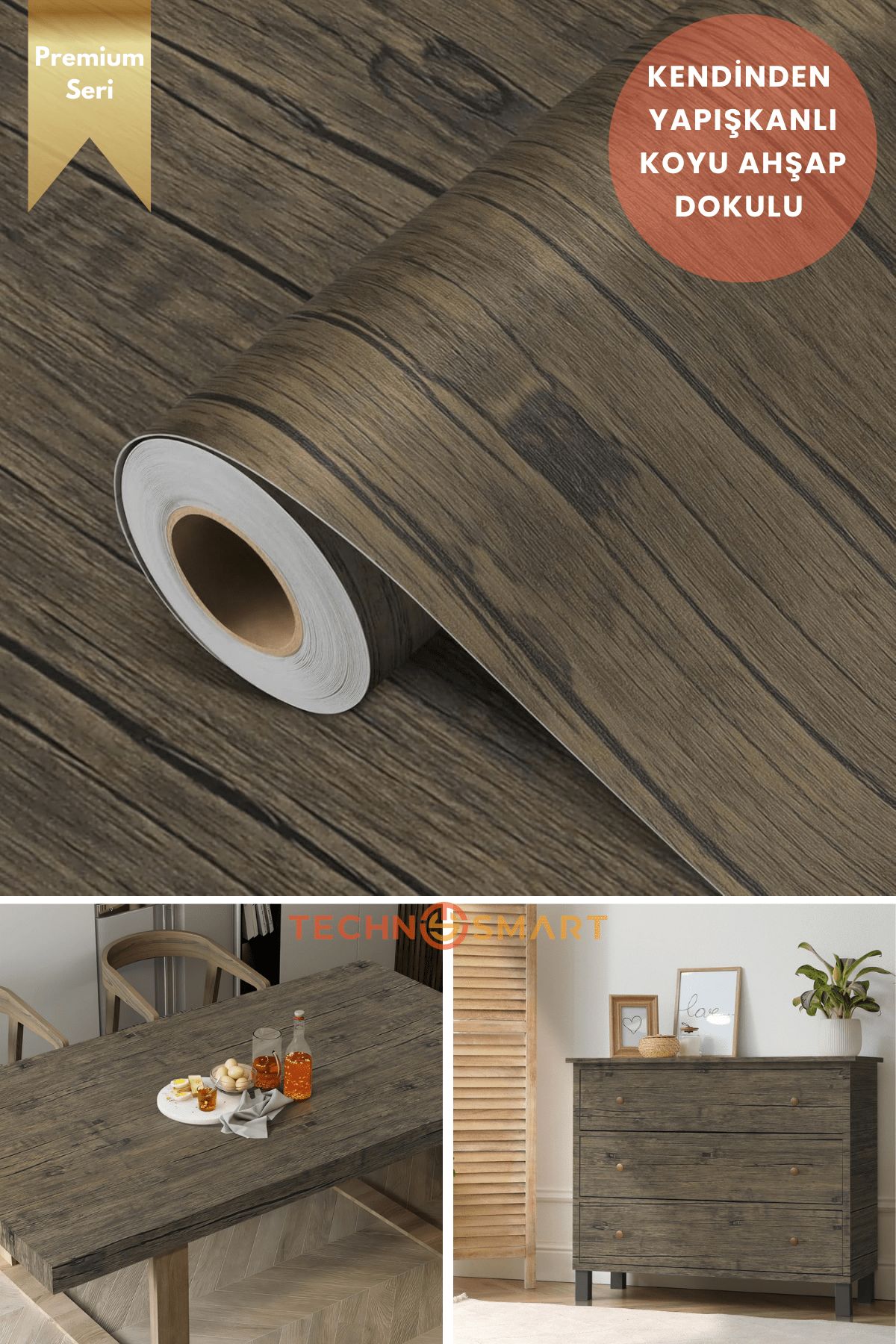 Technosmart 60cmx500cm Premium Kendinden Yapışkanlı Doğal Ahşap Görünümlü PVC Kaplama