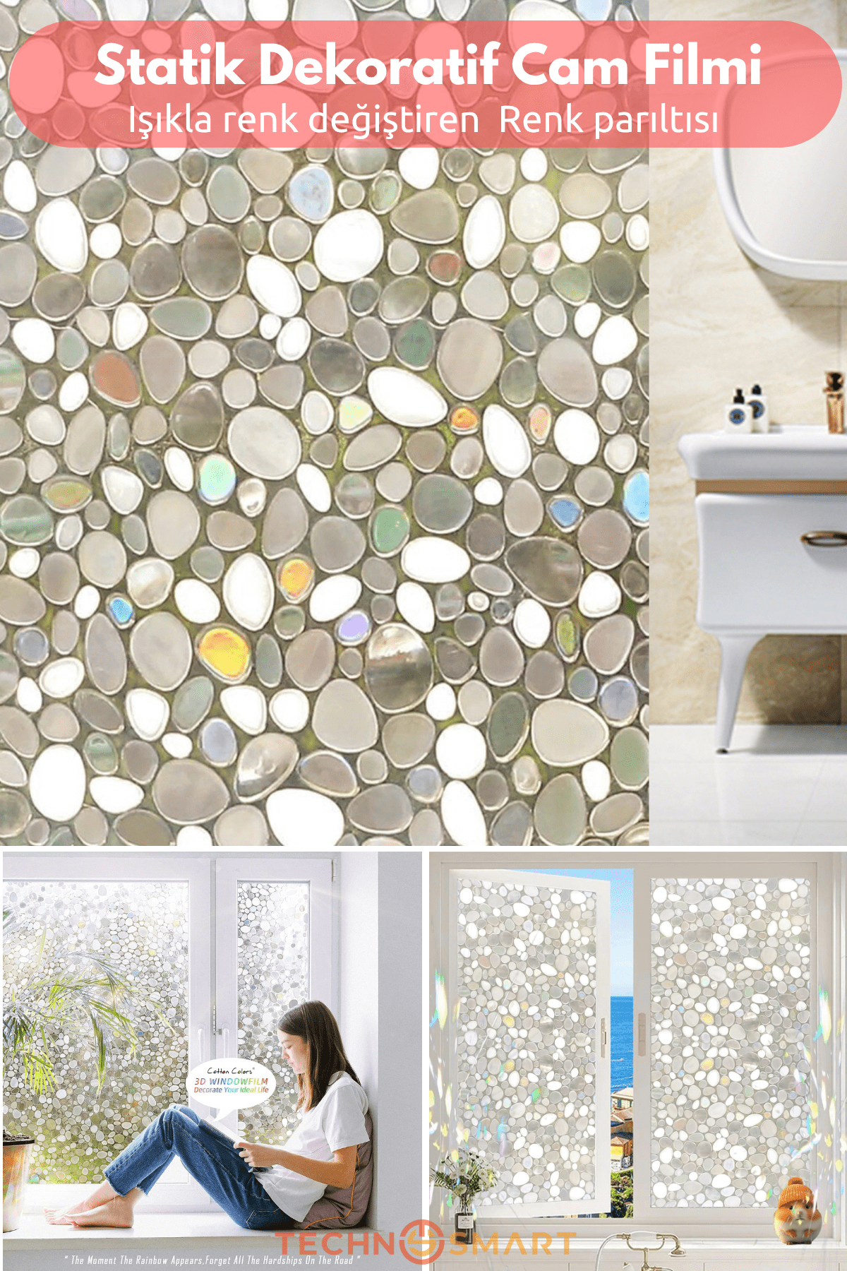 Technosmart Çakıl Taşı Desenli Statik Cam Filmi – 60x100 cm | Rulo Halinde | Efektli