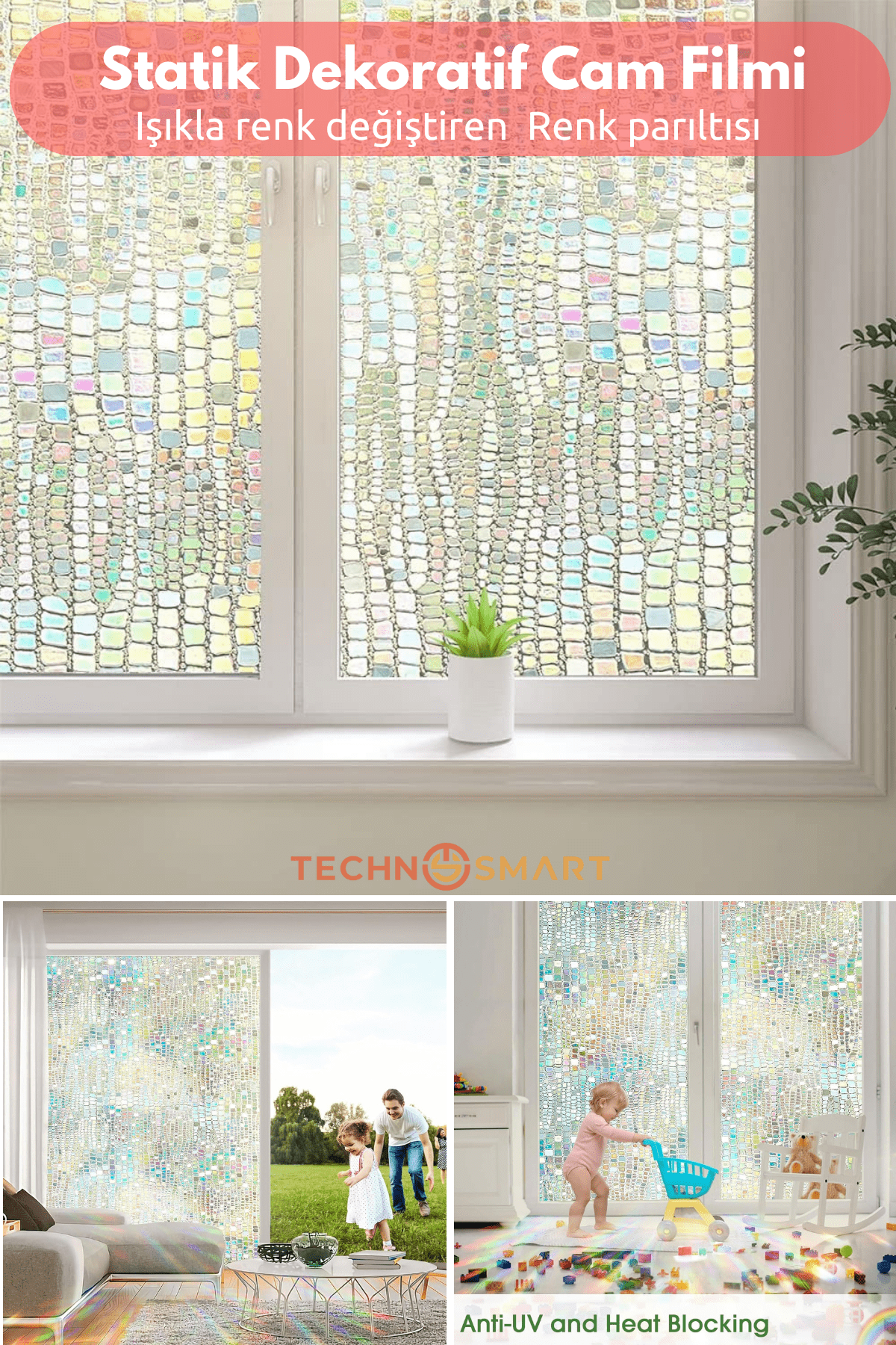 Technosmart 60cmx100cm Işıkla Renk Değiştiren Statik Cam Filmi – Gökkuşağı Efektli Desenli Folyo