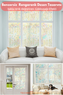 Technosmart 60cmx100cm Işıkla Renk Değiştiren Statik Cam Filmi – Gökkuşağı Efektli Desenli Folyo