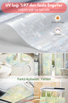 Technosmart 60cmx100cm Işıkla Renk Değiştiren Statik Cam Filmi – Gökkuşağı Efektli Desenli Folyo