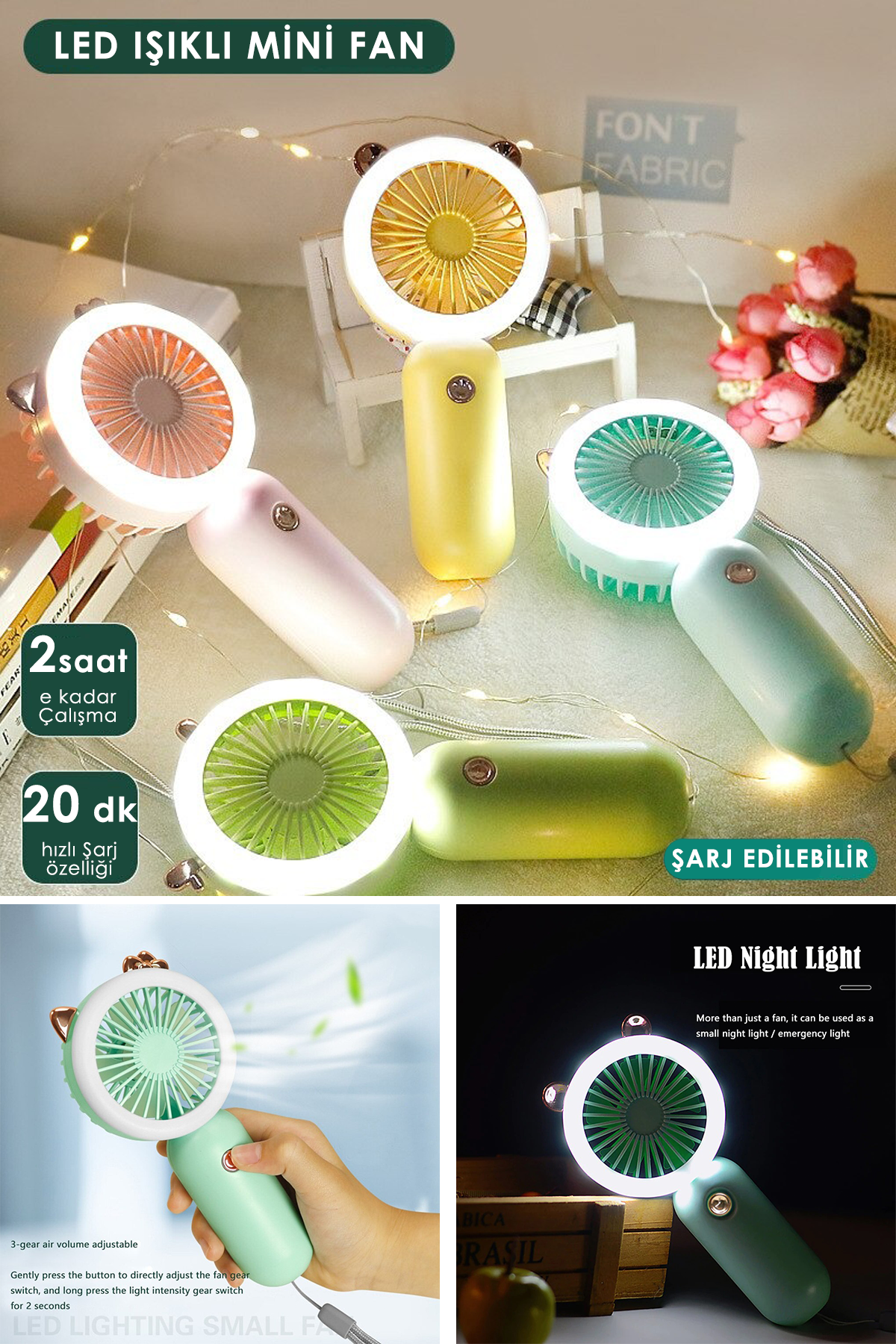 TechnoSmart Mini El Fanı Usb Şarjlı Led Işıklı Taşınabilir Ergonomik Tasarımlı