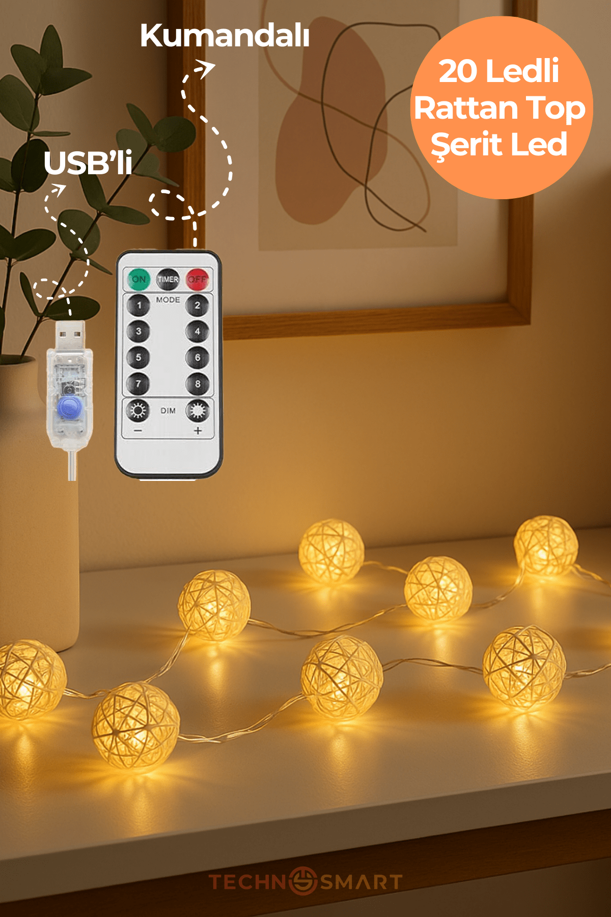 Technosmart 20 Ledli Rattan Top Şerit Led Işık – USB’li ve Kumandalı, 4m, 8 Mod Dekoratif Aydınlatma