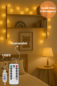 Technosmart 20 Ledli Rattan Top Şerit Led Işık – USB’li ve Kumandalı, 4m, 8 Mod Dekoratif Aydınlatma