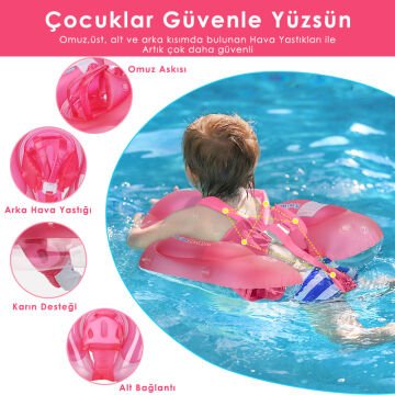 TechnoSmart Çocuklar için Yüzme Simidi Bebekler için Uygun Bel Omuz Korumalı Güvenli Pembe - M