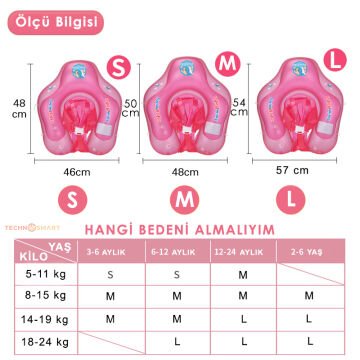 TechnoSmart Çocuklar için Yüzme Simidi Bebekler için Uygun Bel Omuz Korumalı Güvenli Pembe - M