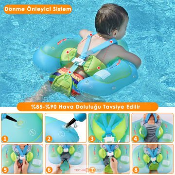 TechnoSmart Çocuklar için Yüzme Simidi Bebekler için Uygun Bel Omuz Korumalı Güvenli Mavi - S