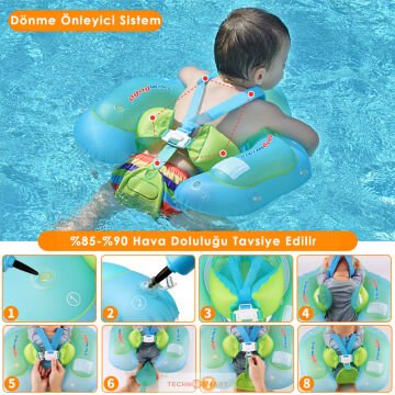 TechnoSmart Çocuklar için Yüzme Simidi Bebekler için Uygun Bel Omuz Korumalı Güvenli Mavi - M