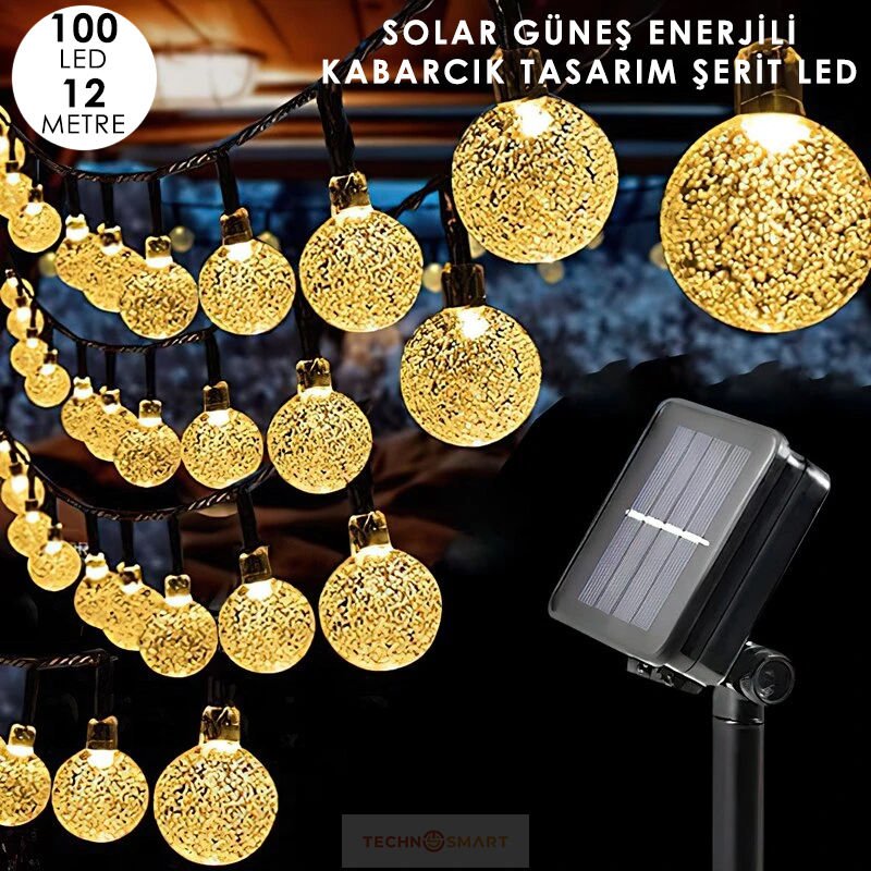 TechnoSmart 100 Ledli 8 Modlu Solar Kristal Top Bahçe Aydınlatma Dekorasyon Güneş Enerji Sarı ışık