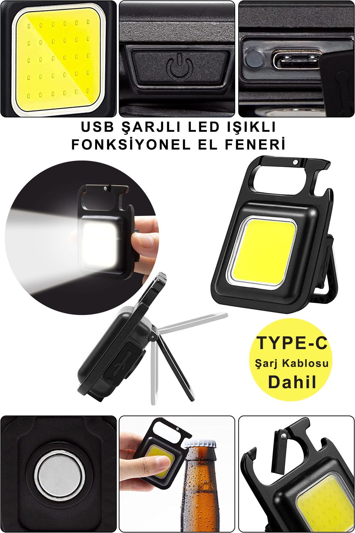TechnoSmart Usb Şarjlı Led Anahtarlık El Feneri Şişe Açıcı Kamp Feneri
