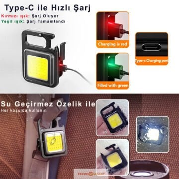 TechnoSmart Usb Şarjlı Led Anahtarlık El Feneri Şişe Açıcı Kamp Feneri