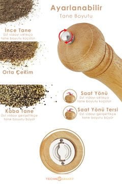 TechnoSmart 2li Doğal Ahşap Değirmen Karabiber Tuz Kahve Baharat Öğütücü Manuel El Değirmeni