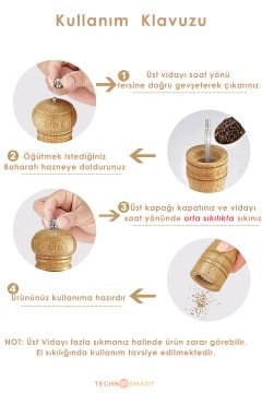 TechnoSmart 2li Doğal Ahşap Değirmen Karabiber Tuz Kahve Baharat Öğütücü Manuel El Değirmeni