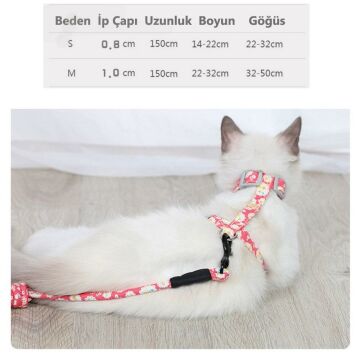TechnoSmart Medium 3-6 Kg Kedi Göğüs Tasması Ve Gezdirme Seti Çiçekli Model Ayarlanabilir Pembe