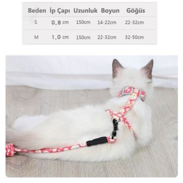 TechnoSmart Medium 3-6 Kg Kedi Göğüs Tasması Ve Gezdirme Seti Çiçekli Model Ayarlanabilir Siyah