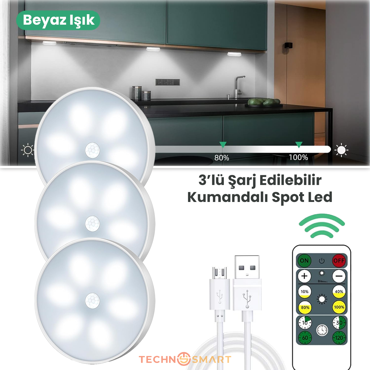 TechnoSmart 3lü Spot Led Kumandalı Usb Şarjlı Akıllı Hareket Sensörlü Beyaz Renk Kablosuz Lamba