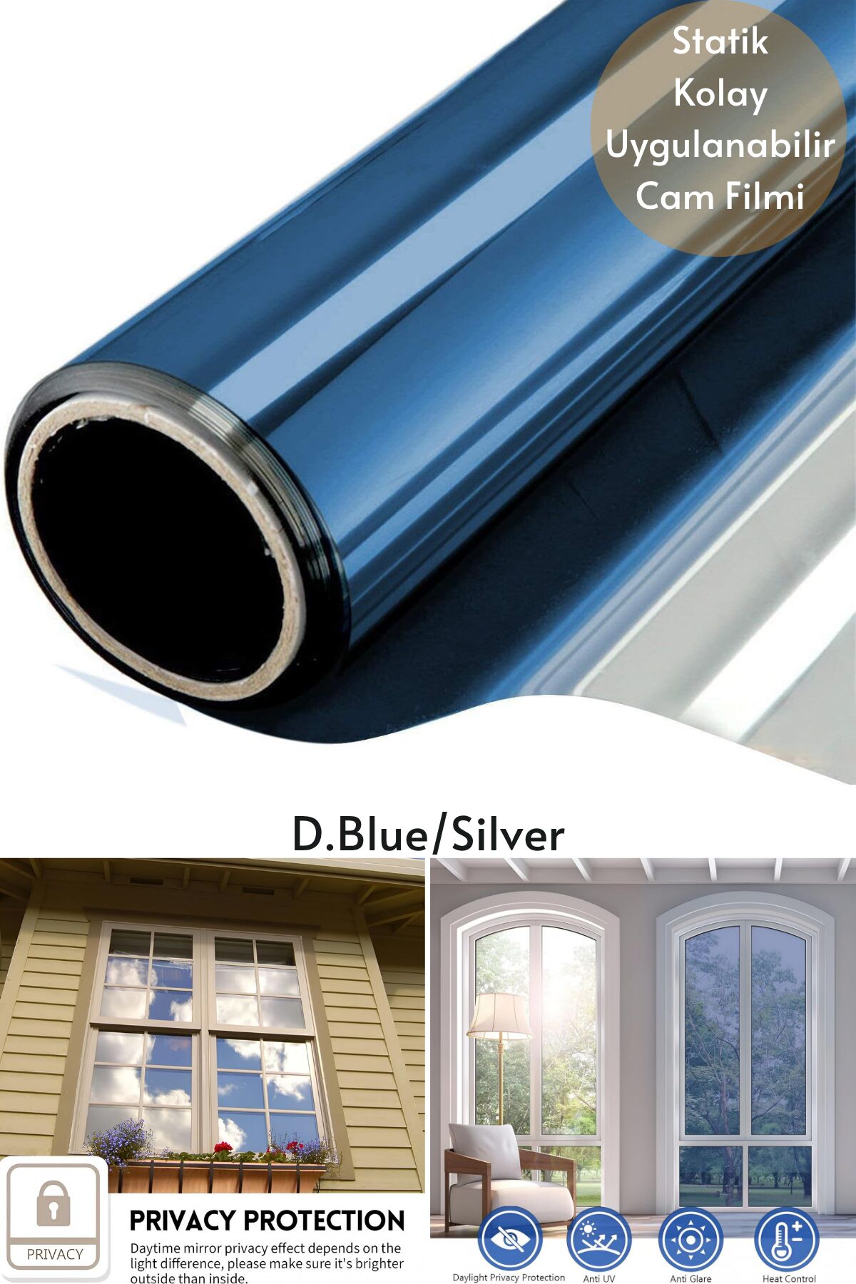 90x100 cm Blue Silver Aynalı Cam Filmi Statik UV Güneş Koruyucu Cam Kaplama