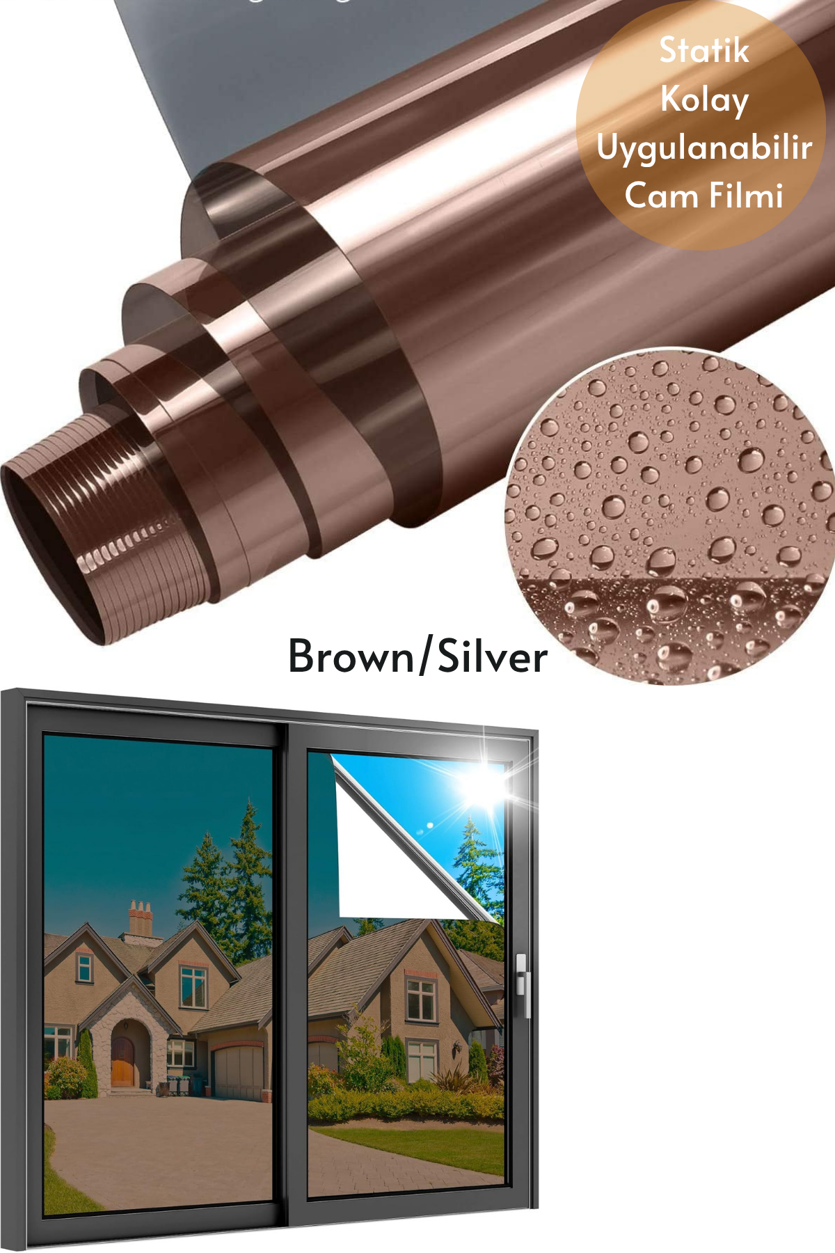 60x100 cm Brown Silver Aynalı Cam Filmi Statik UV Güneş Koruyucu Cam Kaplama