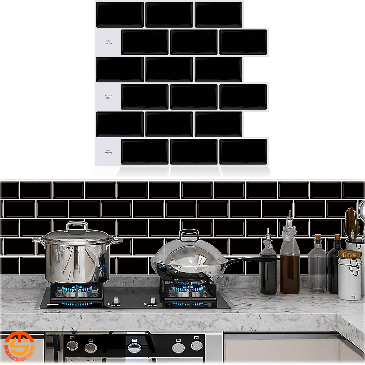 TechnoSmart 3D Kendinden Yapışkanlı 30×30cm Kaplama Seramik Görünüm Siyah Duvar Sticker Mutfak Banyo