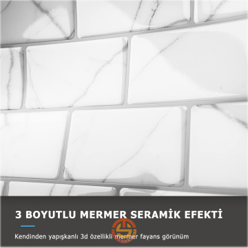 TechnoSmart 3D Kendinden Yapışkanlı 30×30cm Kaplama Beyaz Mermer Seramik Görünüm DuvarSticker Mutfak