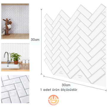 TechnoSmart 3D Kendinden Yapışkanlı 30×30cm Kaplama Balıksırtı Beyaz Duvar Sticker Mutfak Banyo