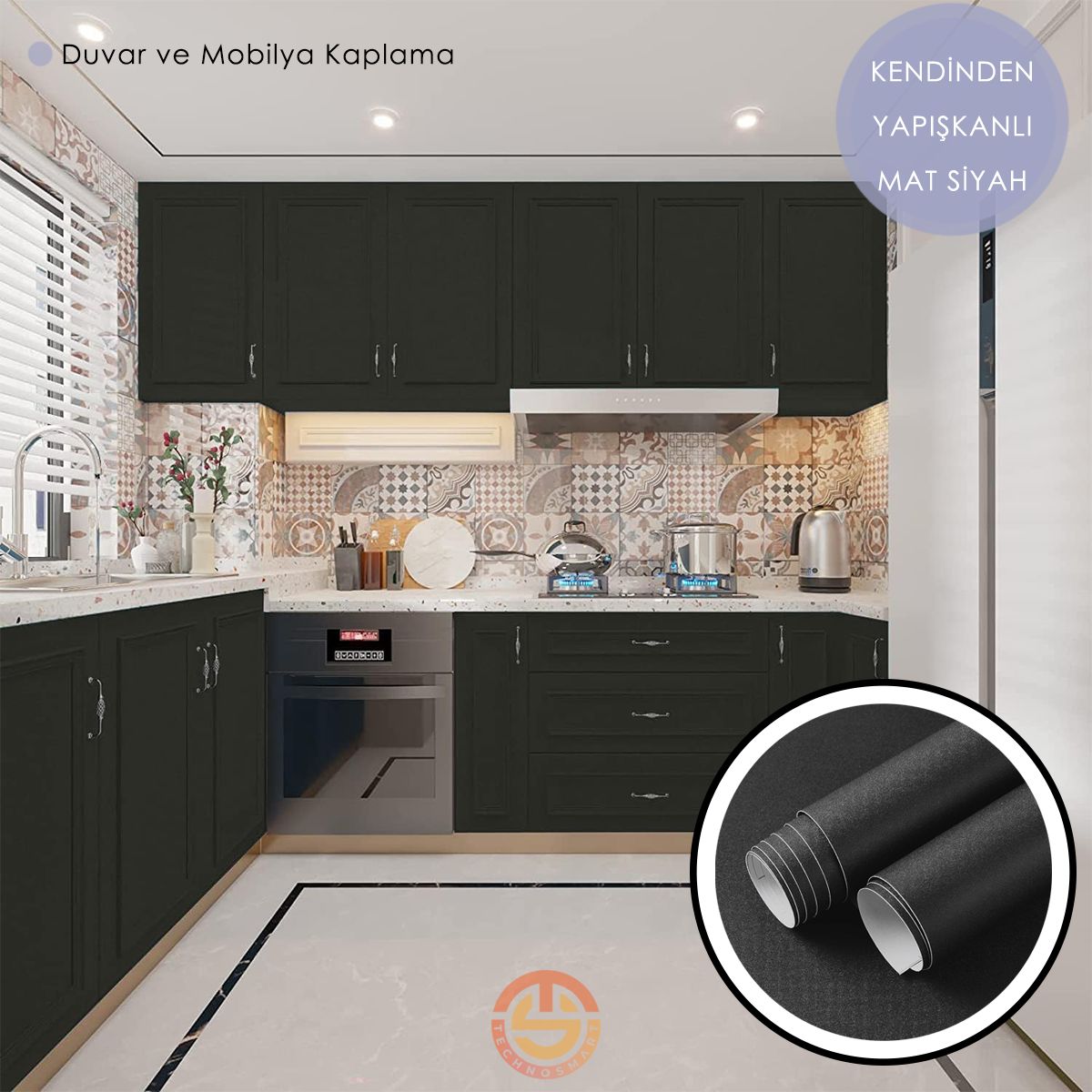 TechnoSmart 60cm×500cm Kendinden Yapışkanlı Mat Görünümlü Duvar Kağıdı Mutfak Dolap Masa Kaplama Siyah