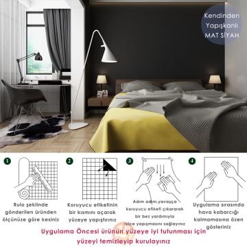 TechnoSmart 60cm×500cm Kendinden Yapışkanlı Mat Görünümlü Duvar Kağıdı Mutfak Dolap Masa Kaplama Siyah