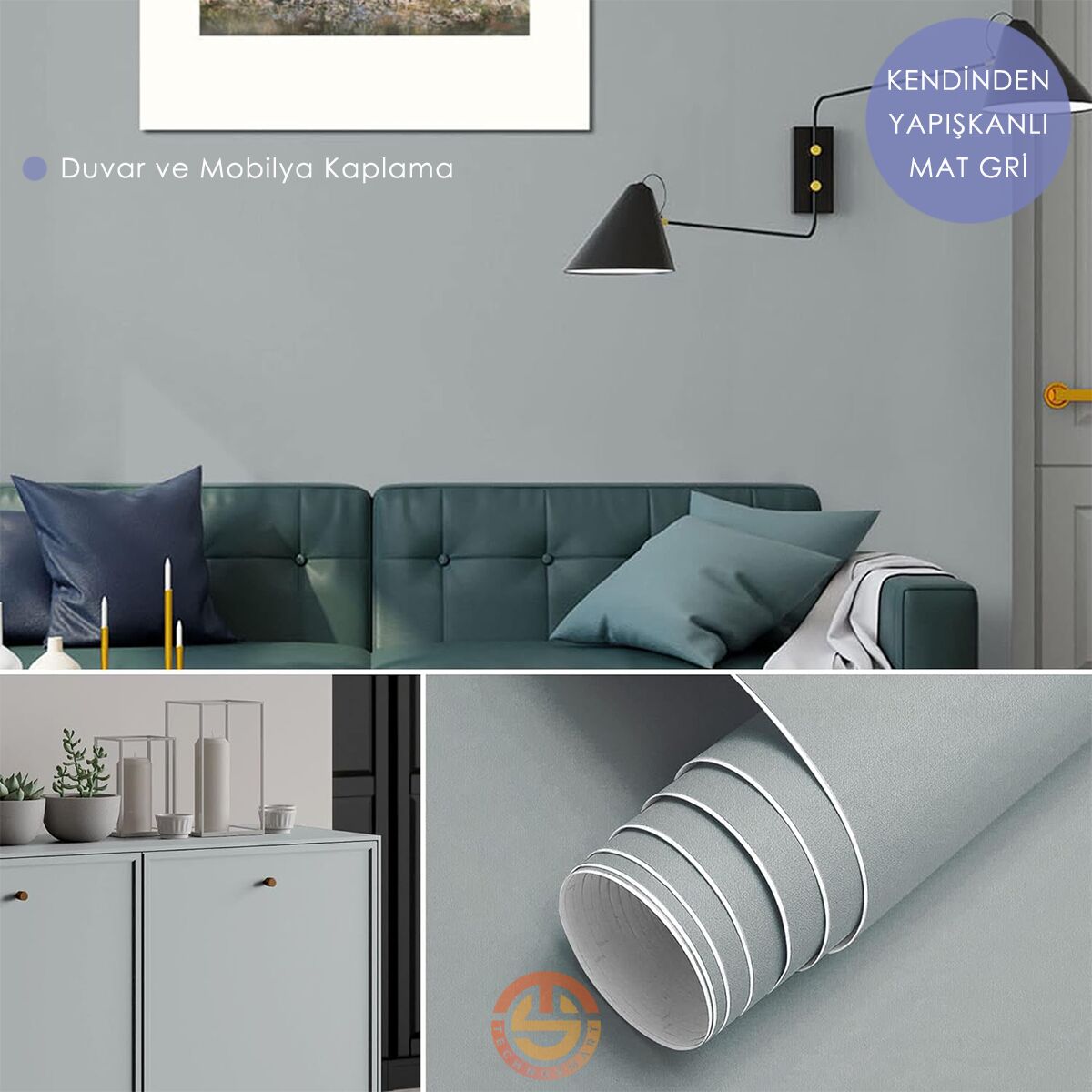 TechnoSmart 60cm×500cm Kendinden Yapışkanlı Mat Görünümlü Duvar Kağıdı Mutfak Dolap Masa Kaplama Gri