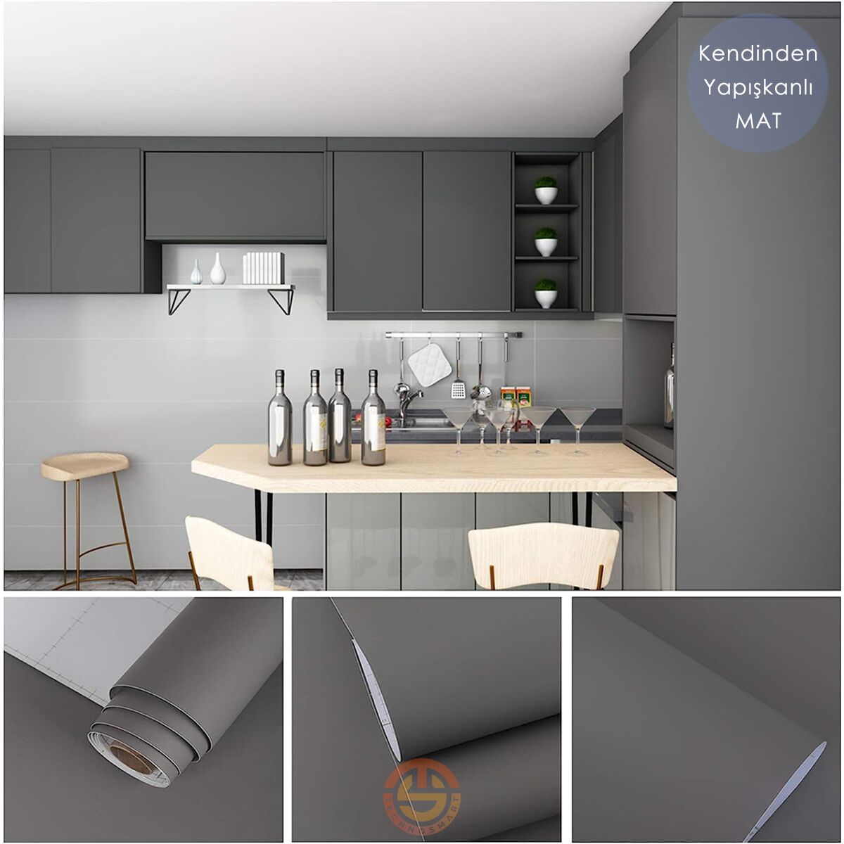 TechnoSmart 60cm×500cm Kendinden Yapışkanlı Mat Görünümlü Duvar Kağıdı Mutfak Dolap Masa Kaplama Antrasit