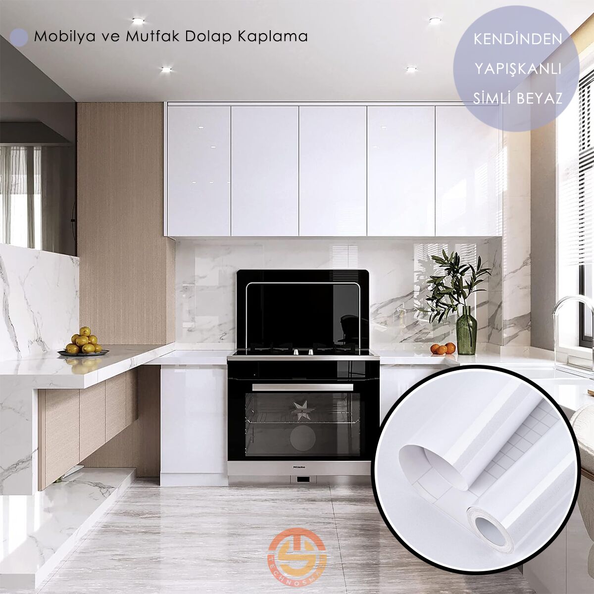 TechnoSmart 60cm×500cm Kendinden Yapışkanlı Simli Görünümlü Duvar Kağıdı Mutfak Dolap Masa Kaplama Beyaz
