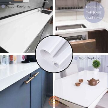 TechnoSmart 60cm×500cm Kendinden Yapışkanlı Simli Görünümlü Duvar Kağıdı Mutfak Dolap Masa Kaplama Beyaz