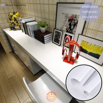 TechnoSmart 60cm×500cm Kendinden Yapışkanlı Simli Görünümlü Duvar Kağıdı Mutfak Dolap Masa Kaplama Beyaz