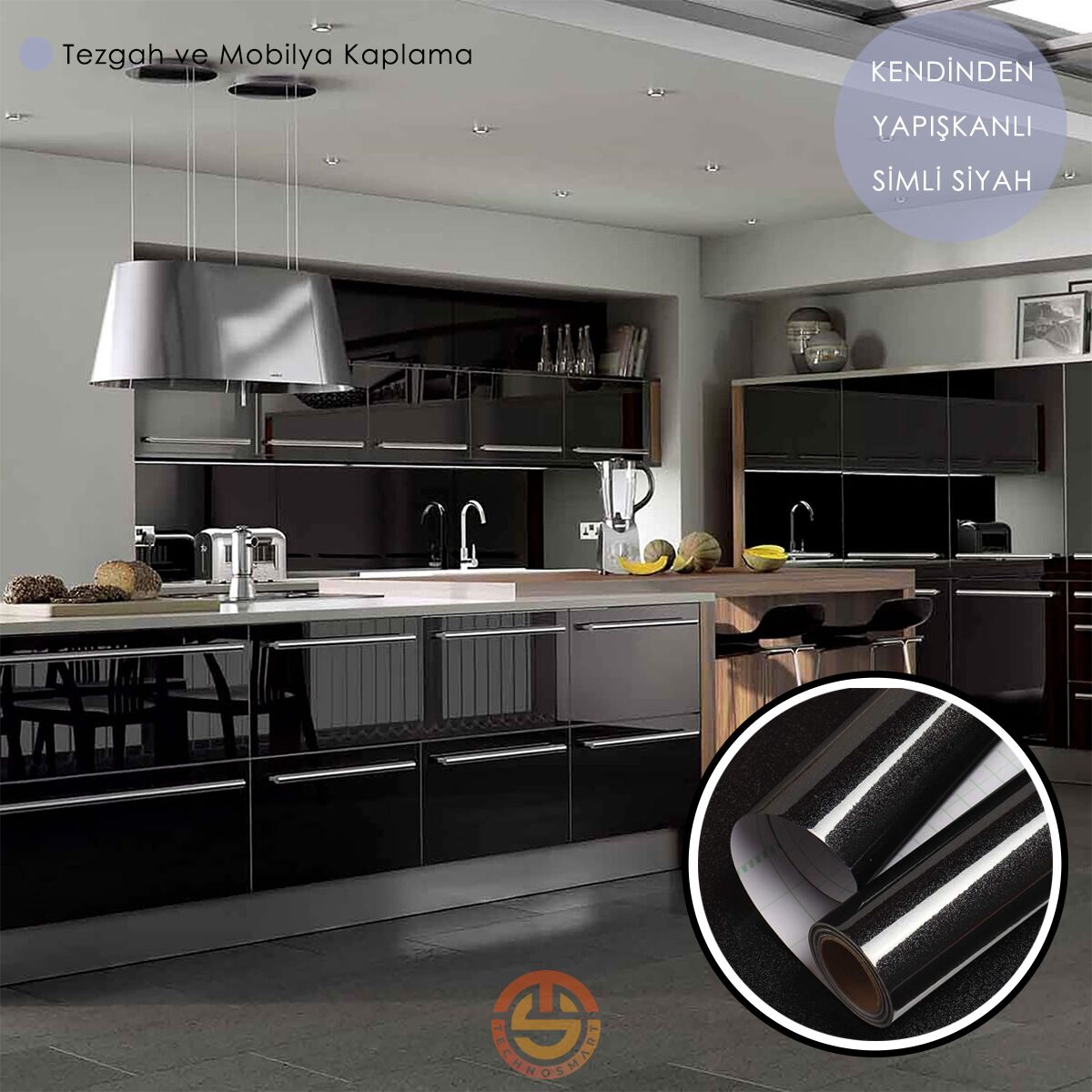 TechnoSmart 60cm×500cm Kendinden Yapışkanlı Simli Görünümlü Duvar Kağıdı Mutfak Dolap Masa Kaplama Siyah