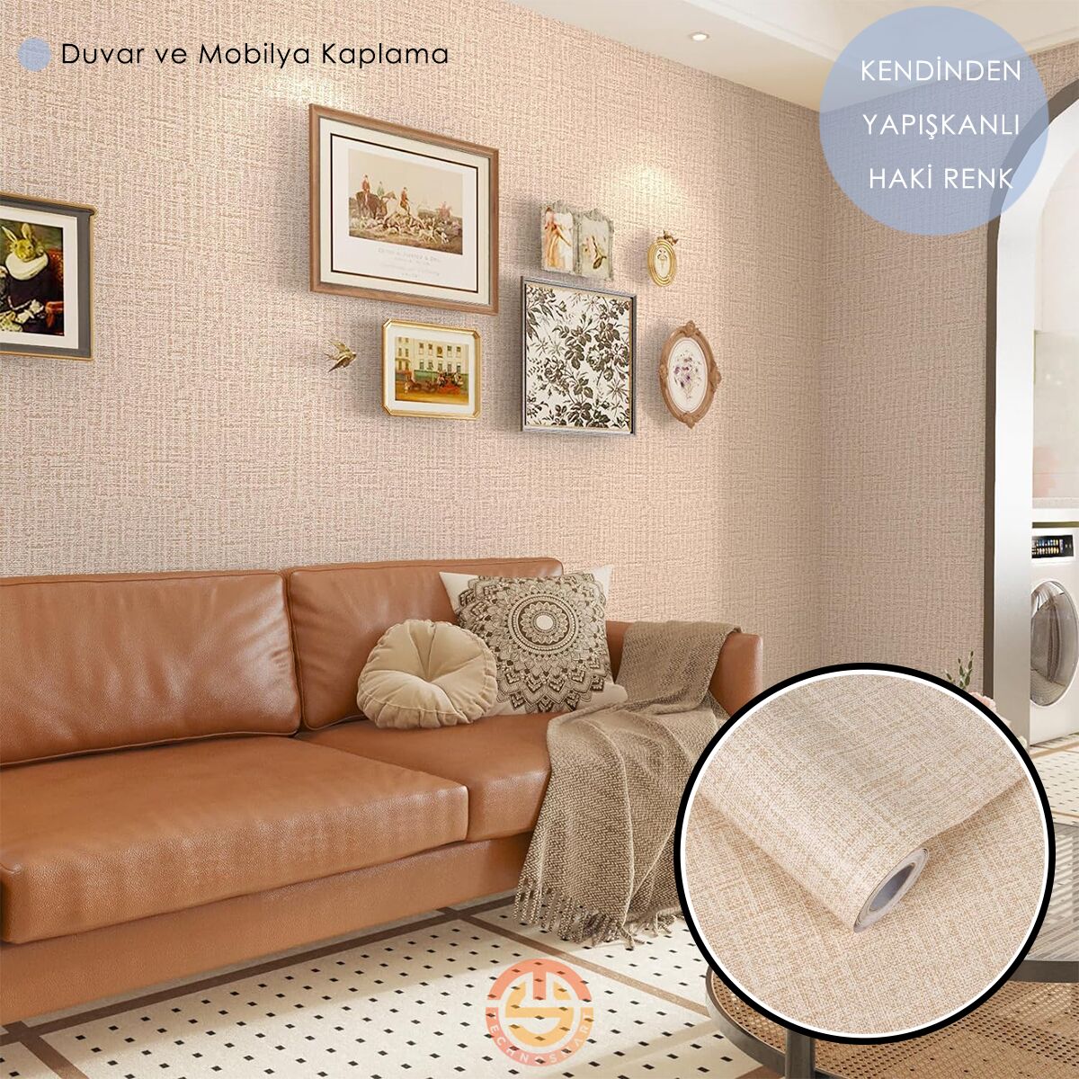 TechnoSmart 60cm×500cm Kendinden Yapışkanlı Keten Görünümlü Duvar Kağıdı Mutfak Dolap Masa Kaplama Koyu Bej