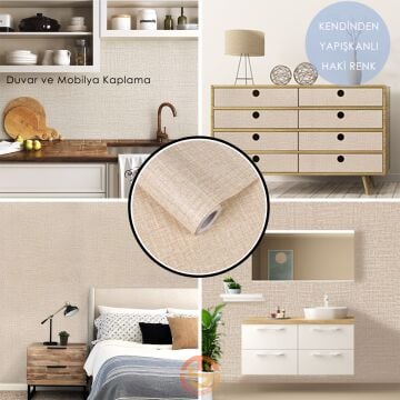 TechnoSmart 60cm×500cm Kendinden Yapışkanlı Keten Görünümlü Duvar Kağıdı Mutfak Dolap Masa Kaplama Koyu Bej