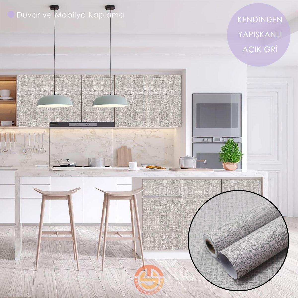 TechnoSmart 60cm×500cm Kendinden Yapışkanlı Keten Görünümlü Duvar Kağıdı Mutfak Dolap Masa Kaplama Açık Gri