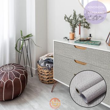 TechnoSmart 60cm×500cm Kendinden Yapışkanlı Keten Görünümlü Duvar Kağıdı Mutfak Dolap Masa Kaplama Açık Gri